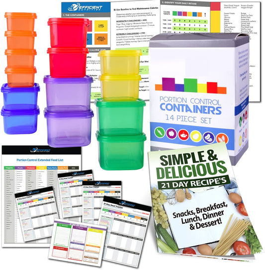 Portion Control Containers DELUXE Kit (14-Piece) with COMPLETE GUIDE + 21 DAY PLANNER + RECIPE eBOOK - BPA FREE Color Coded Meal Prep System for Diet and Weight Loss